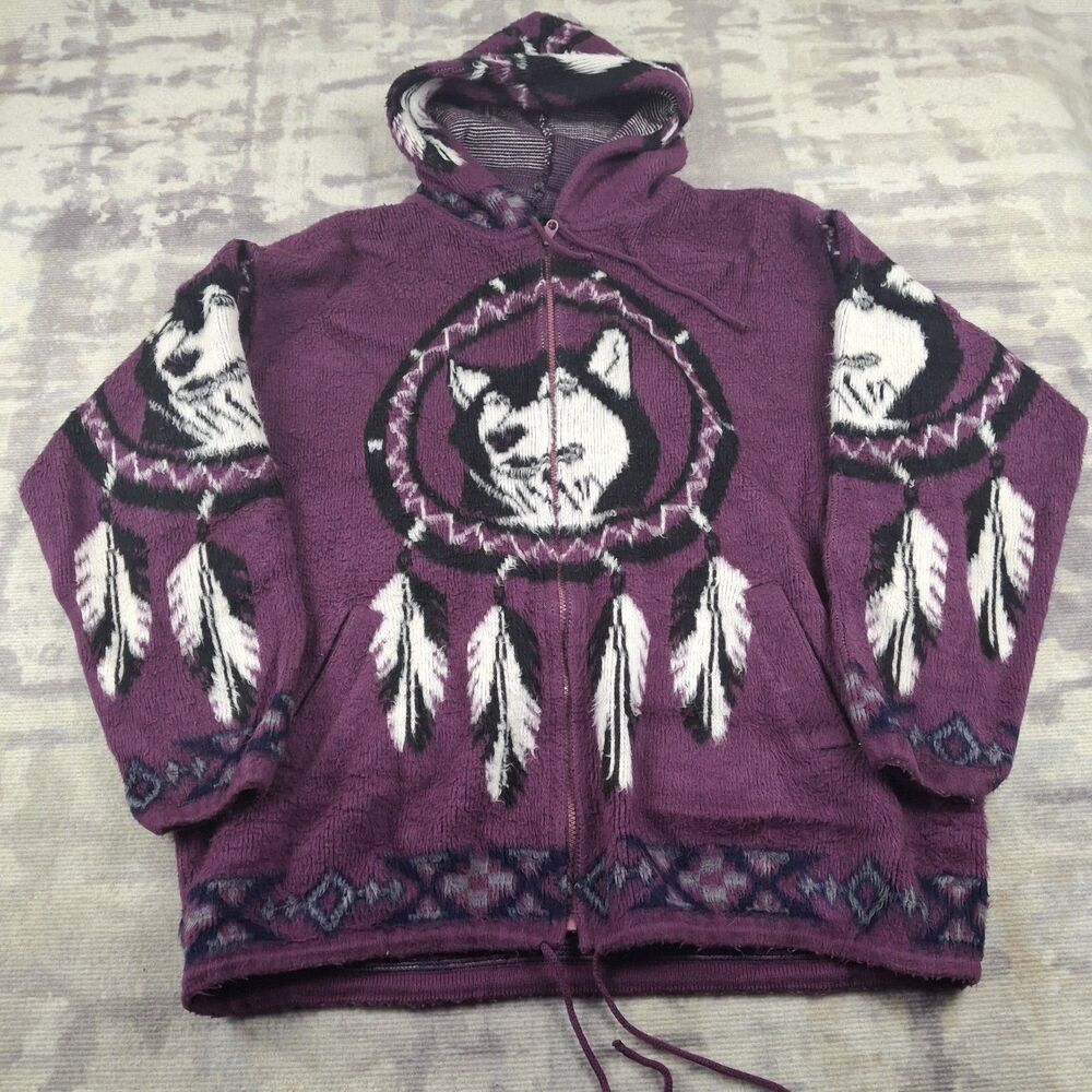 Vintage Ecuadorian Wool Hoodie Jacket Wolf Dreamcatcher Purple Southwestern Knit